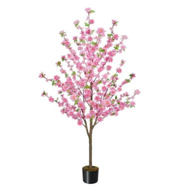 Imagem de Zythrem Árvore de cerejeira com flor de cerejeira sintética rosa falsa planta de seda com vaso de musgo de plástico, árvores artificiais para decoração de casa, sala de estar, entrada, quarto