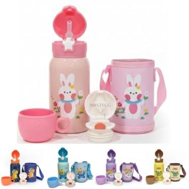 Imagem de Garrafa Térmica Infantil 500 ml Aço Inox Com Bolsa Canudo e Caneca Garrafinha Escolar Infantil (Rosa)