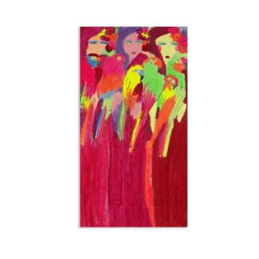Imagem de SDYJ6GSW Walasse Ting Arte de Parede Três Senhoras e Papagaios Impressão em Tela Giclee de Famosa Pintura Abstrata Colorida Presente para Ela Moderna Decoração de Quarto de Banheiro 145x80cm Pôster