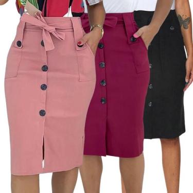 Imagem de Kit 3 Saias Midi Babado Moda Evangélica Com Botões e Bolsos - Look Mod