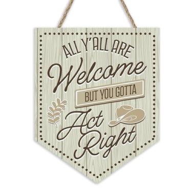 Imagem de Bolisom All Y'all are Welcome But You Gotta Act Right Placa de porta da frente, chapéu de cowboy ocidental engraçado, cabide de madeira, escola, sala de aula, dormitório, decoração de casa, grinalda
