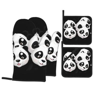 Imagem de Panda Watching The Fun Conjunto de luvas de forno impressas, conjunto de 4 peças adequado para grelhar, cozinhar e assar