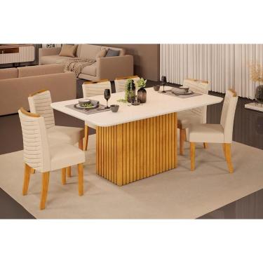Imagem de Conjunto: Mesa de Cozinha Canes c/ Tampo Madeirado c/ Vidro Curvo 170x90cm e 6 Cadeiras Julia Cedro/Off White - Linho Neve - DJ Móveis