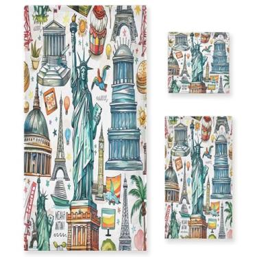 Imagem de xigua Cartoon USA Landmarks Conjunto de toalhas de banheiro absorvente macio 3 peças toalha de banho toalha de mão toalhas decorativas para banheiro, academia, hotel, praia, piscina