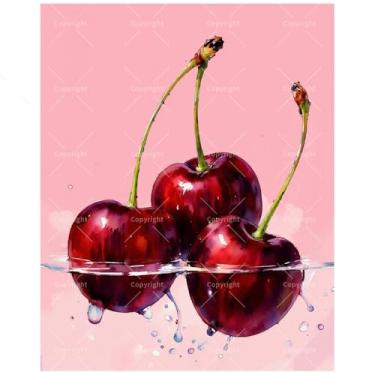 Imagem de Kit de pintura Cherry Trio por números para adultos – DIY Cerejas vermelhas com gotas de água pintura em tela 30 x 40 cm, conjunto de tinta acrílica emoldurada, adequado para iniciantes, arte para