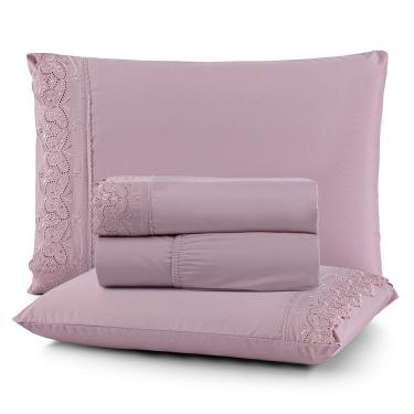 Imagem de Jogo de Lençol Nobre Solteiro 3 Peças MicroPercal 200 Fios Bordado Inglês Fino - Rosa Malva - 100% Poliéster
