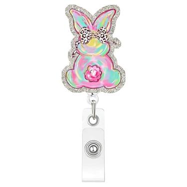 Imagem de Carretel de crachá de coelhinho da Páscoa com laço de leopardo - Amuleto de acrílico com borda de glitter, porta-identidade retrátil extralongo e clipe jacaré forte para mulheres, enfermeiras