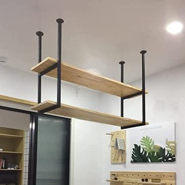 Imagem de Prateleiras flutuantes montadas no teto, prateleira de madeira maciça de 2 camadas, rack de vinho, prateleira de armazenamento para bar restaurante, 3 tamanhos (tamanho: 80 x 30 x 80 cm) (cor única 80