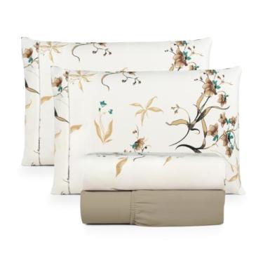 Imagem de Jogo de lençol 4 Peças Algodão Percal 180 fios Ponto Palito Estampado Solteiro Casal Queen King(Floral Bege,Solteiro 3 peças)