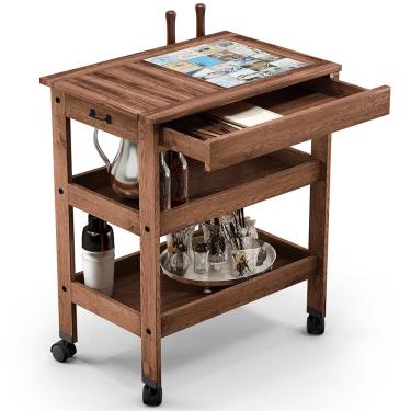 Imagem de Carrinho de Churrasco Mesa Gourmet Cerâmica Churrasqueira W02 Madeira Maciça Imbuia - Lyam Decor