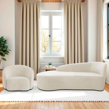 Imagem de Kit Divã Recamier Orgânico França 140cm Lado Esquerdo E Poltrona Amore Bouclé Bege