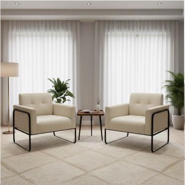 Imagem de Poltrona Sala Decorativa Kit 2 Elisa Base Tubular Alta Preta Cotelê Ext-veludo D03 - D'rossi Off White