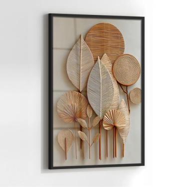 Imagem de Quadro com Moldura e Acrilico Cristal Trama Fibra Folhas para Sala, Qu