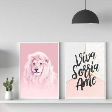 Imagem de Kit 2 Quadros Leão Rosa 45x34cm - Vidro e Moldura Preta