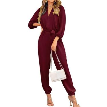 Imagem de Macacão Feminino PRETTYGARDEN Vinho Vermelho Decote V Manga Longa XL