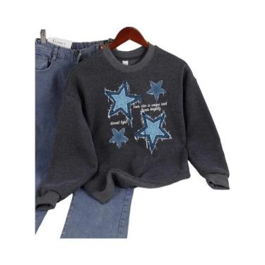 Imagem de Moletom Feminino Solto Com Gola Redonda, Estampa De Estrela Em Imitaçã