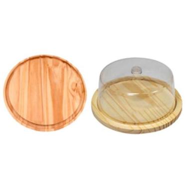 Imagem de KIT 2pçs, Tábua de Madeira Natural Redonda 29cm e Boleira com Tampa de