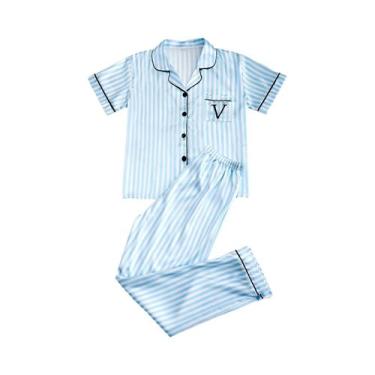 Imagem de Conjunto De Pijama De Cetim Com Estampa Listrada, Camisa De Manga Curt