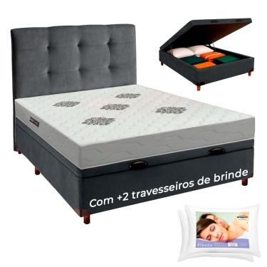 Imagem de Cama Box Bau + Cabeceira + Colchão Casal ISO100 Confort Premium + 2 Travesseiros Ortobom