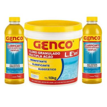 Imagem de Kit 1 Cloro Genco mult Ação 3 em 1 10Kg e 2 Clarificantes Genfloc 1 L
