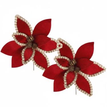 Imagem de Kit Flor Árvore de Natal Bico de Papagaio Enfeite Tecido Rústico 28cm 