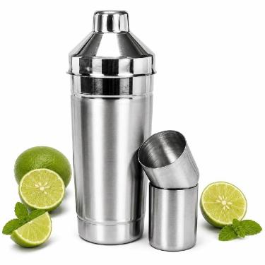 Imagem de Coqueteleira 3 em 1 para Drinks e Coquetéis em Alumínio com 2 Copos Medidores para Bar e Cozinha Inox Yeet