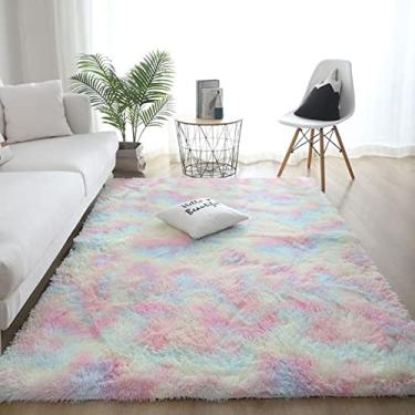 Imagem de Tapetes de área felpudos macios modernos para ambientes internos, tapete de área de acento de berçário de pelúcia antiderrapante, tapete felpudo de pele sintética peludo para sala de estar decoração de casa cores arco-íris tingidas 50 x 180 cm