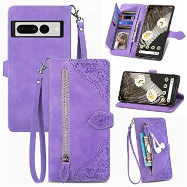 Imagem de Capas de telefone com compartimentos de cartão de luxo para Google Pixel 7 7 Pro capa de couro com cordão de negócios com zíper carteira clipe para celular Google Pixel 7 7 Pro capas (roxo, Google Pixel 7 Pro)