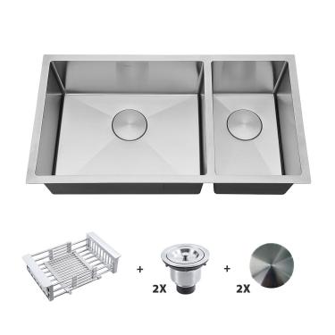 Imagem de Kit Cuba Dupla Gourmet com Acessórios Solo 50x25x40 e Válvulas e Escorredor e Tampas Decorativas Arell - Inox Escovado