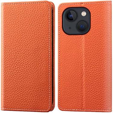 Imagem de HKIDKK Litchi Pattern Flip Case para Apple iPhone 13 Mini (2021) 5,4 polegadas, carteira de couro magnética Folio Kickstand capa de telefone [porta-cartão] (Cor: laranja)