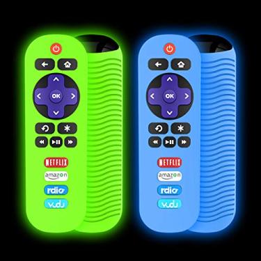 Imagem de [Pacote com 2] Capa para controle remoto TCL Roku RC280, capa protetora de silicone Alquar leve antiderrapante à prova de choque compatível com controle remoto TCL Roku RC280 - com cordão (verde brilhante + azul brilhante)