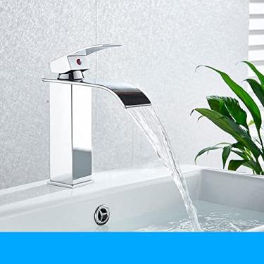 Imagem de Torneira para lavatório em cascata preta fosca Torneira de lavatório de manípulo único Torneira de guindaste de água quente e fria para lavatório de banheiro Torneira misturadora, curta, cromada