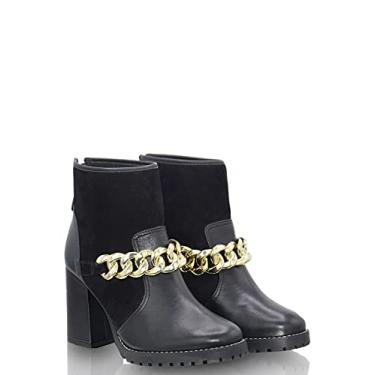 Imagem de Coturno Raira Mondrian em Couro Preto, Cano Curto, Sola Tratorada, Corrente Dourada, Salto 8cm, Tamanho 33