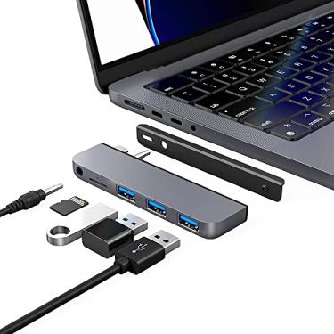 Imagem de Qwiizlab Adaptador USB C 5 em 1, USB 3.0, leitor de cartão microSD, áudio de 3,5 mm, apenas para MacBook Pro 2021 de 14 polegadas M1 Pro M1 Max (cinza)