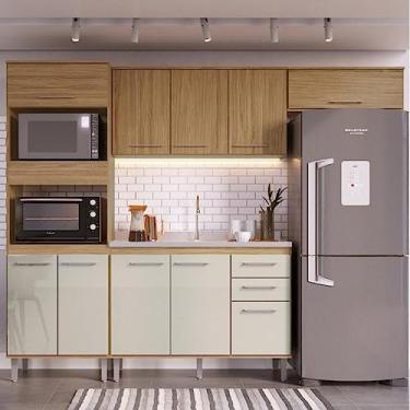 Imagem de Cozinha Compacta 4 Peças com 1 Paneleiro, 1 Balcão e 2 Armários Aéreos Gaia Decibal Naturalle/cristalo