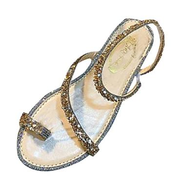 Imagem de Sandálias rasteiras com tiras de strass para mulheres elegantes verão outwear francês fada vento envolto com vento sapatos romanos (ouro 2, 7,5)
