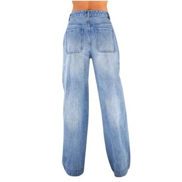 Imagem de Tawop Calça jeans feminina de perna larga cintura alta folgada calça jeans cintura alta jeans solta boyfriends calça jeans Y2K, Azul escuro, M