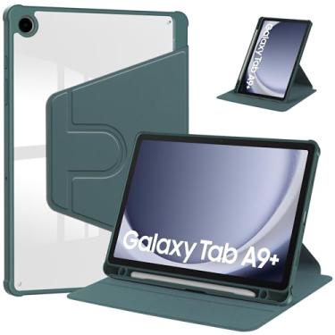 Imagem de Capa resistente transparente compatível com Samsung Galaxy Tab A9 Plus SM-X210/SM-216/SM-X218 de 11 polegadas com suporte para caneta, suporte giratório de 360 graus Folio Flip Smart Tablet capa