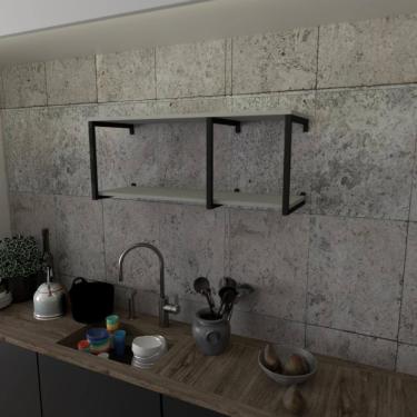 Imagem de Prateleira Industrial Suspensa Estante Parede Nicho Cinza Ferro E Madeira Suporte Pratileira