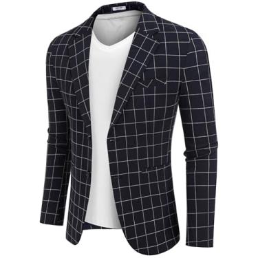 Imagem de COOFANDY Blazer masculino casual slim fit casaco esportivo leve dois botões, Blazer xadrez - azul-marinho, Large