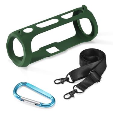 Imagem de Generic Capa de silicone compatível com alto-falante JBL FLIP Essential 2, gel macio para viagem, bolsa de borracha impermeável, capa protetora com alça de ombro e mosquetão (verde)
