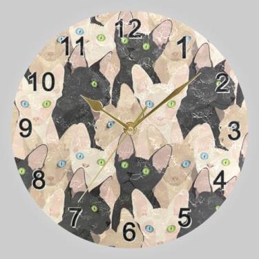 Imagem de CHIFIGNO Relógio redondo Sphynx Gatos Preto e Branco, Relógio Silencioso Relógios de Parede Operado por Bateria 25 cm Relógio de Sala de Estar em Casa