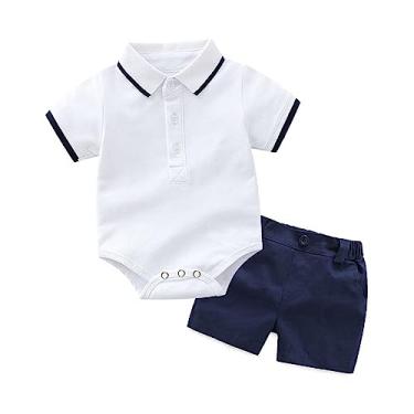 Imagem de Macaquinho infantil de manga curta com shorts, gola de lapela de verão + shorts de algodão, 2 peças, Branco, 12-18 Meses