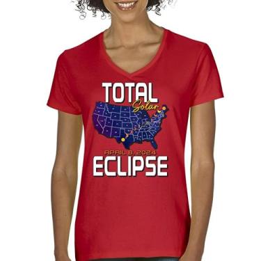 Imagem de Total Solar Eclipse Map Camiseta feminina gola V relógio apenas com óculos eclipse 8 abril 2024 festa astronomia sol lua camiseta, Vermelho, G