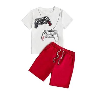 Imagem de SOLY HUX Conjunto de 2 peças para meninos, camiseta gráfica de manga curta e shorts de cintura elástica com cordão e bolso, Vermelho e branco., 12 Anos