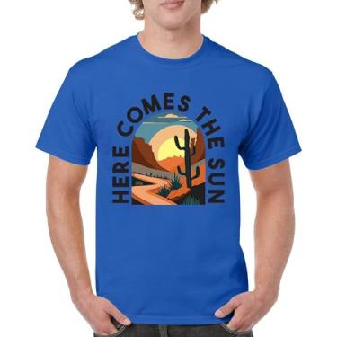 Imagem de Camiseta masculina Here Comes The Sun Retrô Boho Cactus Canyon Sunrise Vintage Viagem Hippie Verão Anos 60 Sul, Azul, G