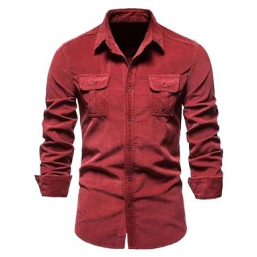 Imagem de Camisa masculina outono algodão manga comprida japonês simples veludo cotelê tendência camisa casual slim roupas masculinas, Vermelho, GG