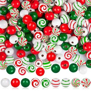 Imagem de 270 contas de madeira de Natal contas de madeira de bengala doce contas de Natal pirulito doces redemoinho contas de 16 mm contas de artesanato para decoração de artesanato DIY (estilo candy)