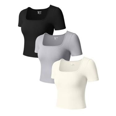 Imagem de OQQ Camisetas femininas de manga curta, gola quadrada, elástica, 3 peças, Preto, cinza, bege, M