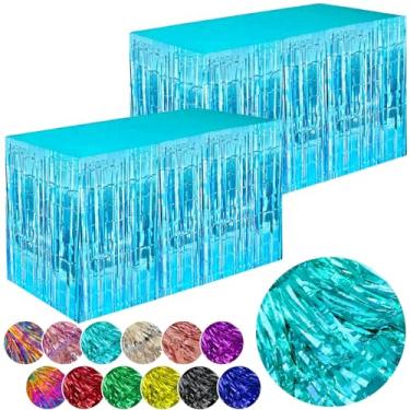 Imagem de Decorações de festa azul-claro, 2 pacotes de saias de mesa azul oceano com franja metálica para aniversário, tubarão, menino, chá de bebê, suprimentos de festa de inverno, 73 x 272 cm